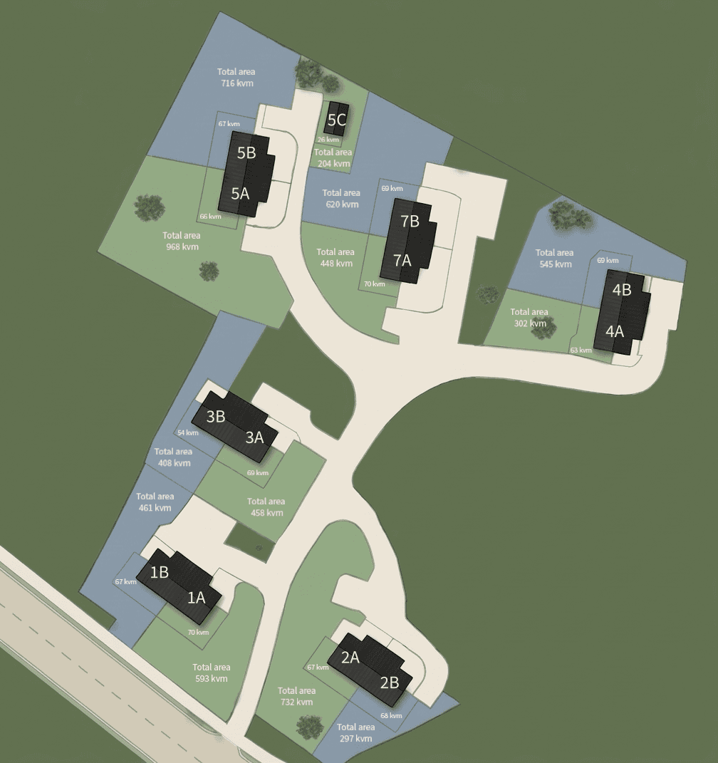 Översiktskarta över bostadsområdet med husens placering